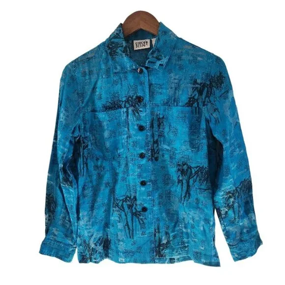 Chicos Rayon Blend Blue Teal Semi Sheer Asian Print Inspired Button Front Top 0 - Picture 1 of 5